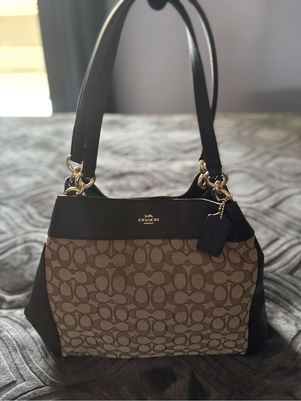 Coach Brown Signature Canvas Shoulder Bag with Black Trim
